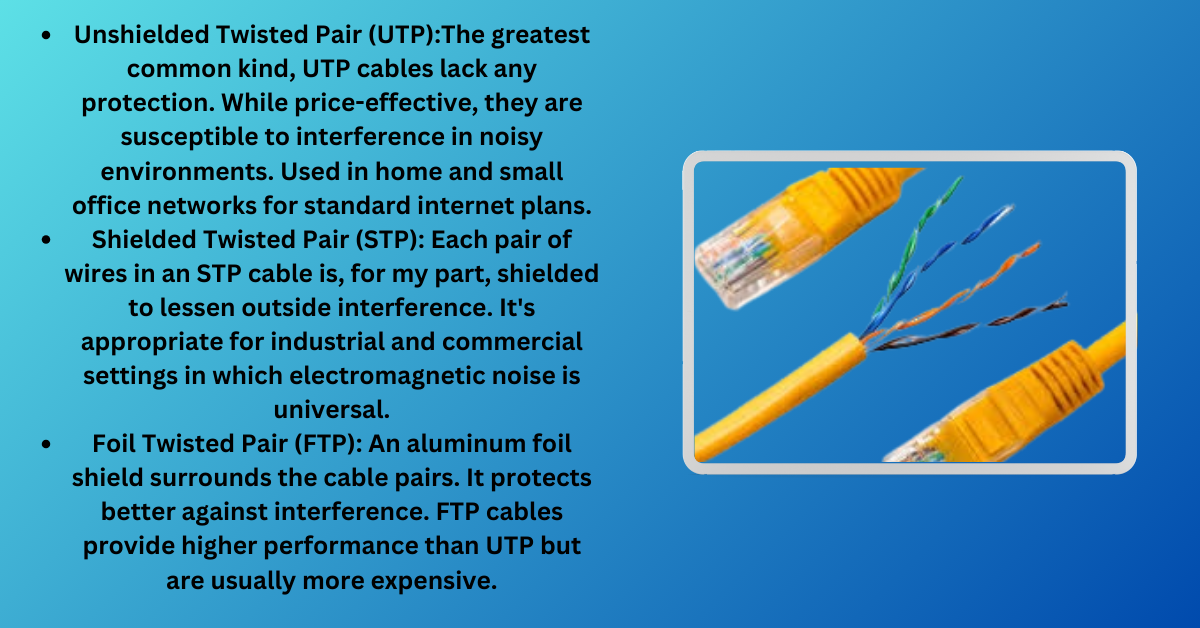 An image featuring two types of network cables, Unshielded Twisted Pair (UTP) and Shielded Twisted Pair (STP), with a descriptive comparison text on the left and a visual representation on the right.