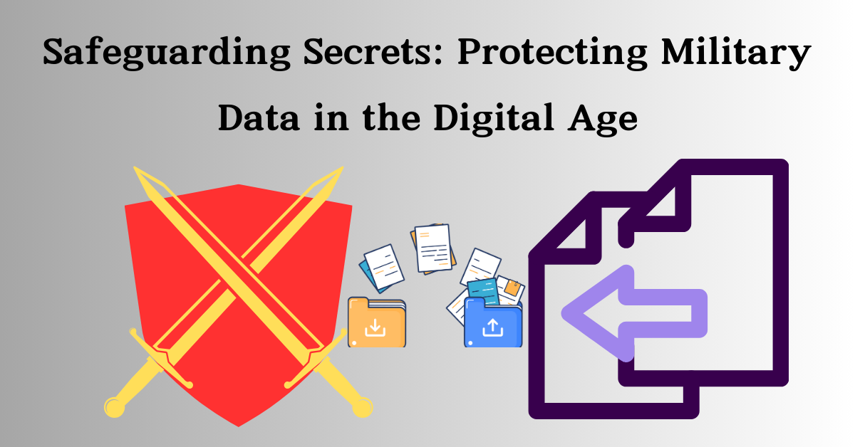 A graphic featuring a red shield with two crossed swords behind it, floating papers, and a purple folder with a circular arrow, against a blue background. The text reads “Safeguarding Secrets: Protecting Military Data in the Digital Age.